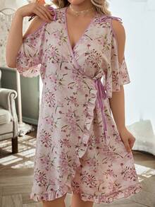 CottageSlumber Romantic Floral Print Off-Shoulder Side Tie Design Plus Size Nightgown - Multicolor - View 5