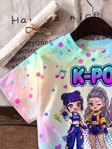 兒童女童 K-Pop Superstars 卡通女團印花漸層短袖 T 恤與短褲 2 件套，適合夏季 - 彩色 - 查看 5