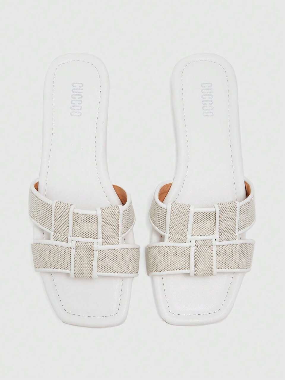 CUCCOO BIZCHIC Women Shoes Spring And Summer New Models, Woven Cross-Strap Square Toe Flat-Bottomed Sandals, Mesh Splicing Slips, Simple Commuting Style