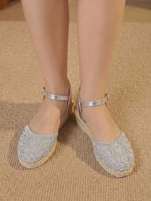 Styleloop Women's Hemp Rope Straw Woven Wedge Heel Silver Ankle Strap Woven Women's Wedge Heel Shoes Sandals Hemp Rope Shoes Boho Style - Silver 3 - View 9