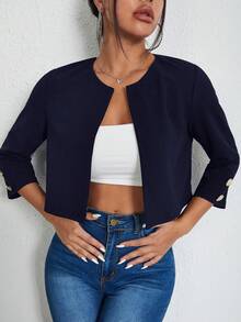 SHEIN Essnce جاكيت خفيف الوزن مفتوح من الأمام بلون موحد للخريف/الشتاء - أزرق بحري - مشاهدة 3
