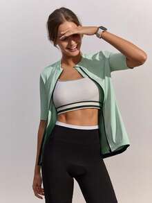SHEIN Cheerettes 女款前拉鍊短袖騎行上衣 - 綠色 - 查看 5