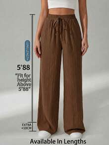 SHEIN Tall CURVE 大尺碼女款純色腰部綁帶直筒寬鬆長褲 - 棕色 - 查看 6