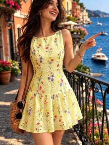 Flora Isola Flora Isola 女款夏季白色花卉印花鏤空刺繡無袖荷葉邊修飾A字短洋裝 - 淡黃色 - 查看 1
