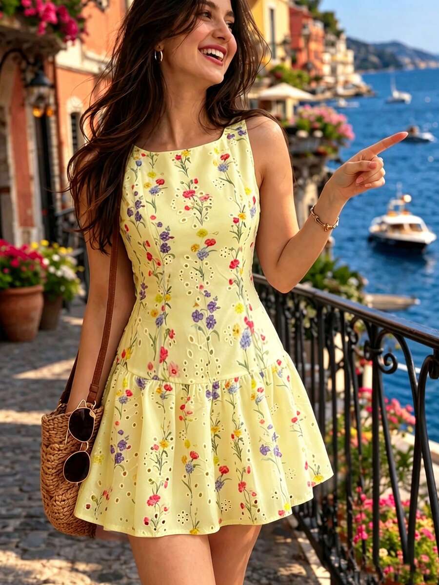 Flora Isola Flora Isola 女款夏季白色花卉印花鏤空刺繡無袖荷葉邊修飾A字短洋裝 - 淡黃色 - 查看 1