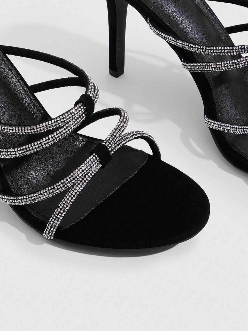 CUCCOO SZL Elegant Women's Black Heeled Sandals With Rhinestone Straps Open Toe Stiletto Heel Mules Party Shoes