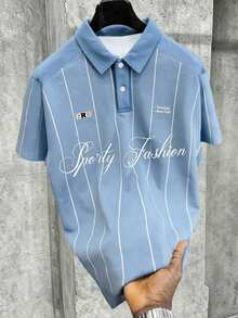 Manfinity Hypemode Men's Casual Daily Commute Letter & Stripe Print Contrast Color Loose Fit Polo Shirt, Summer - Multicolor - View 1