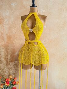 Soleia Vestido de Malha Plus Size Amarelo Manteiga com Borlas, Decote Halter e Costas Abertas, Sexy, para Praia, Férias, Encontro à Noite, Outono - Amarelo - Visão 5