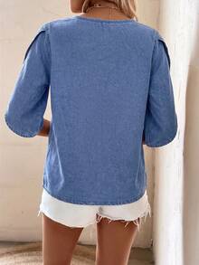 EMERY ROSE Women's Casual Versatile Everyday Denim Top Brunch Vacation Navy Blue Summer - Blue - View 2