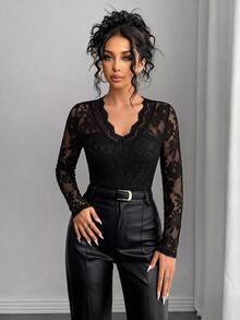 SHEIN Raffinéa Women's Elegant Sexy V-Neck Lace Long Sleeve T-Shirt - Black - View 5