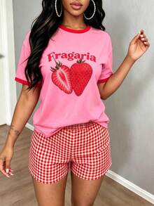 INAWLY Women's Casual Letter Strawberry Print Short Sleeve T-Shirt And Plaid Shorts Set - Pink - View 6