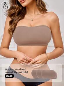 SHEIN 3件組優雅舒適女款無肩帶無縫內衣 摩卡色 - 摩卡棕 - 查看 2