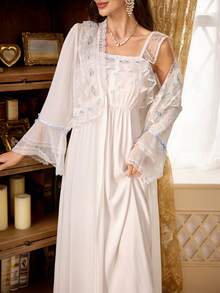 PalaceNights Court Style Heavy Embroidery Fabric Lace Women's Set - White - View 3