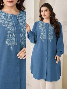 Veilorie Plus Size Elegant Fashion Embroidered Single-Breasted Shirt For Vacation And Dating - Blue - View 1