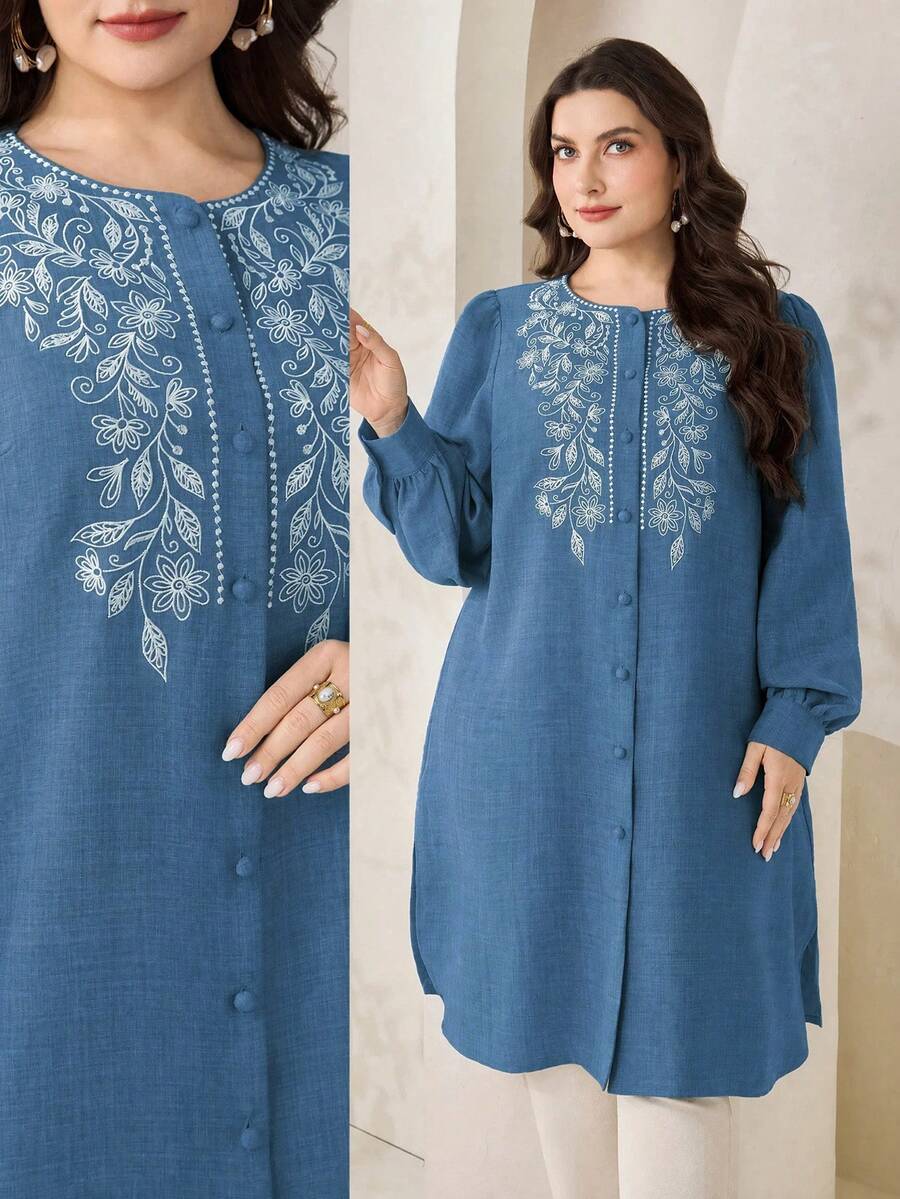 Veilorie Plus Size Elegant Fashion Embroidered Single-Breasted Shirt For Vacation And Dating - Blue - View 1