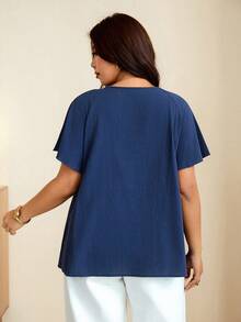 Edennvi Blusa holgada de talla grande con cuello redondo, mangas con volantes y fruncido, azul marino, casual de verano para vacaciones y oficina - Azul - Ver 2
