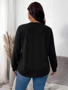 SHEIN LUNE 女款 51% 棉休閒衛衣，黑色，百搭，春/秋季 - 黑色 - 查看 2