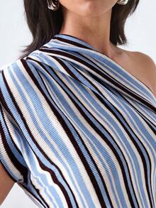 LYSMO Women's Fashion Colorblock Blue And White Stripe One Shoulder Knit Top Vacation Summer Coastal Modest - Multicolor - View 7