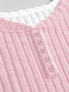 SHEIN Girlism 青少年女孩拼色 2 合 1 設計 T 恤，修身剪裁，適合秋季，休閒風格長袖女孩長袖襯衫雙層上衣粉色上衣白色內層長袖襯衫，冬季，Y2K，街頭風 - 粉色 - 查看 3