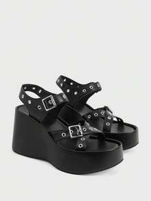 Sugerpunk Women's Rivet Trim Black Platform Sandals PU Punk Style Word With Open-Toed Sandals, Women's Shoes - Black - View 3