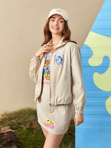 SCOOBY-DOO X SHEIN Letter And Cartoon Graphic Drop Shoulder Drawstring Hem Jacket & Skirt - Apricot - View 10