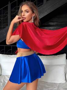 Fantasy Costume Fantasy Costume زي سوبر بطل خارق باللون الأزرق بتصميم كتل لونية مع عباءة، مجموعة من 3 قطع - متعدد الألوان - مشاهدة 2