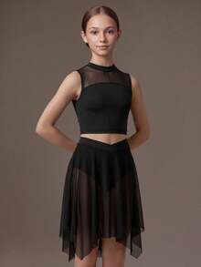SHEIN Tween Girls' Dance Crop Top Mesh Skirt Set, All Black Two Pieces, Keyhole Back Cutout, Asymmetric Sheer, Solid, Knit, Summer Athletic Active - Black - View 2