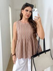 SHEIN LUNE 大尺碼女款格紋圓領荷葉邊下擺休閒背心 - 彩色 - 查看 3