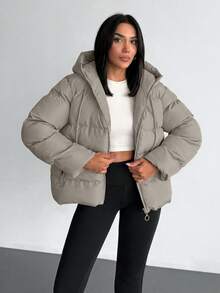 EURMUSE Solid Color, Zip Up, Hooded Autumn Winter Coat Everyday Travel Grey Casual - Beige - View 3