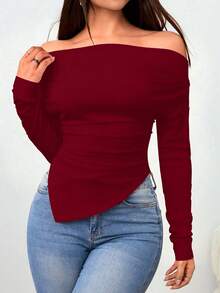 Zolique Off-Shoulder T-Shirt With Gathered Shoulders And Irregular Hem - Burgundy - View 3