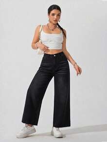 SHEIN ICON 女款大尺碼直筒牛仔褲，附口袋、鈕扣與毛邊褲腳 - 黑色 - 查看 3