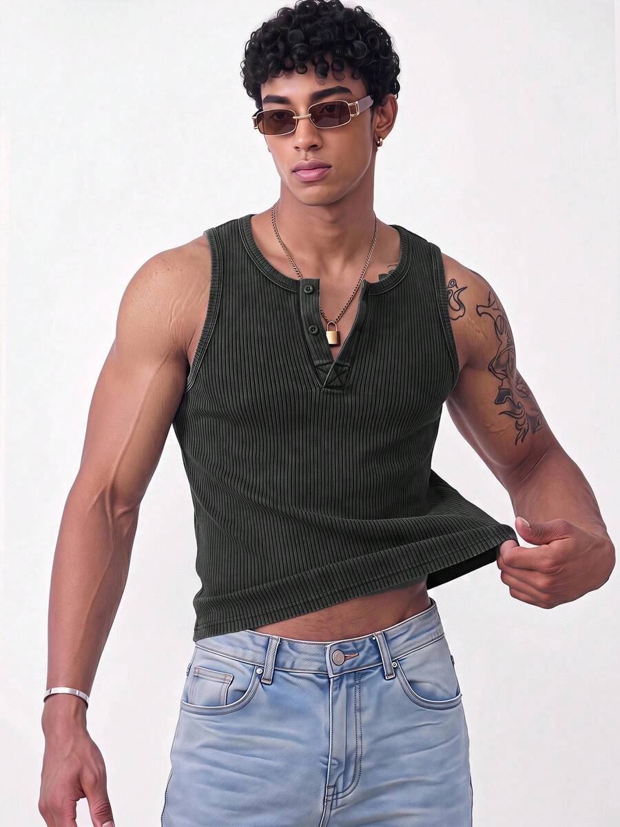 SWAVVY Men's Casual Fashion Button Half-Placket Vest For Daily Wear - Dark Grey - View 1