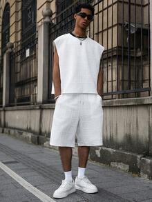 Major Grit Men's Vest Set, Young Street Style, Textured Fabric, Casual Daily Wear, Fashionable - White - View 4
