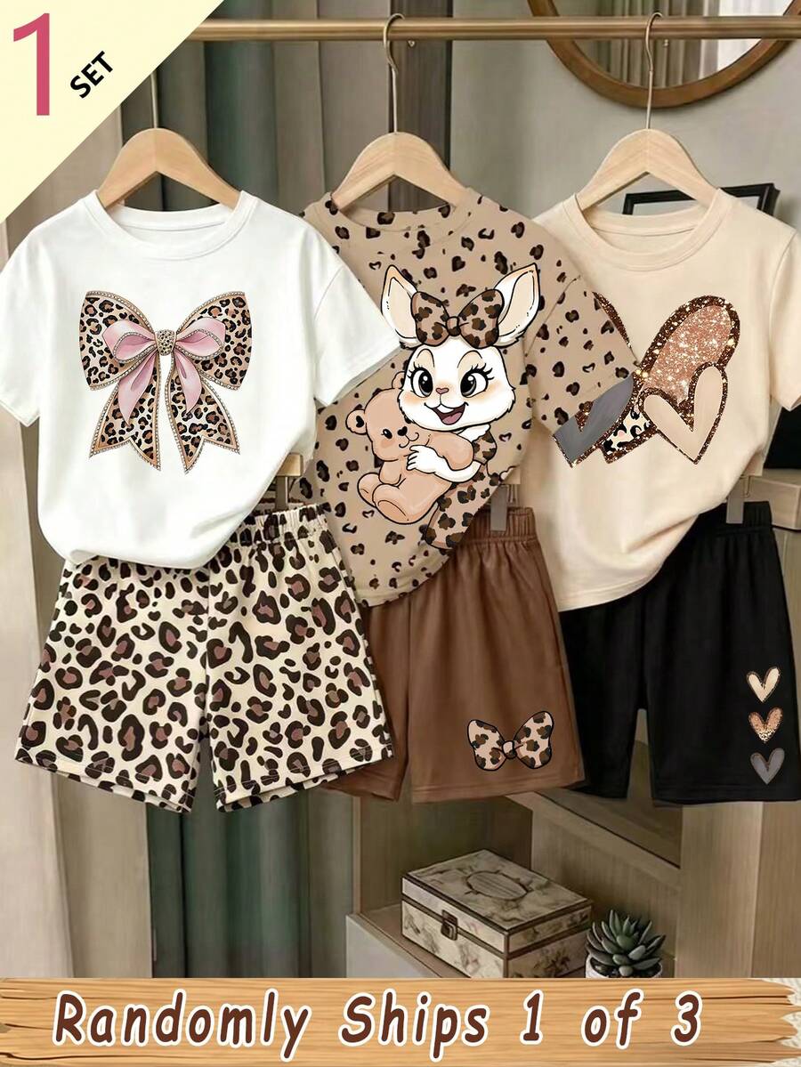 (Patrón Aleatorio, 1 Set Aleatorio) Conjunto de Camiseta Corta y Pantalones Cortos de Verano Casual Básico para Niñas con Estampado Gráfico Creativo Fresco Brillante de Corazón, Leopardo, Lazo y Conejo, Cómodo para Uso Diario - Multicolor - Ver 1