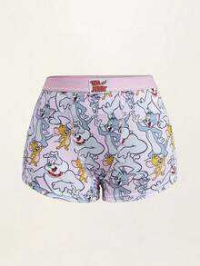 TOM & JERRY X SHEIN 女款字母卡通印花休閒平底短褲 - 粉色 - 查看 1