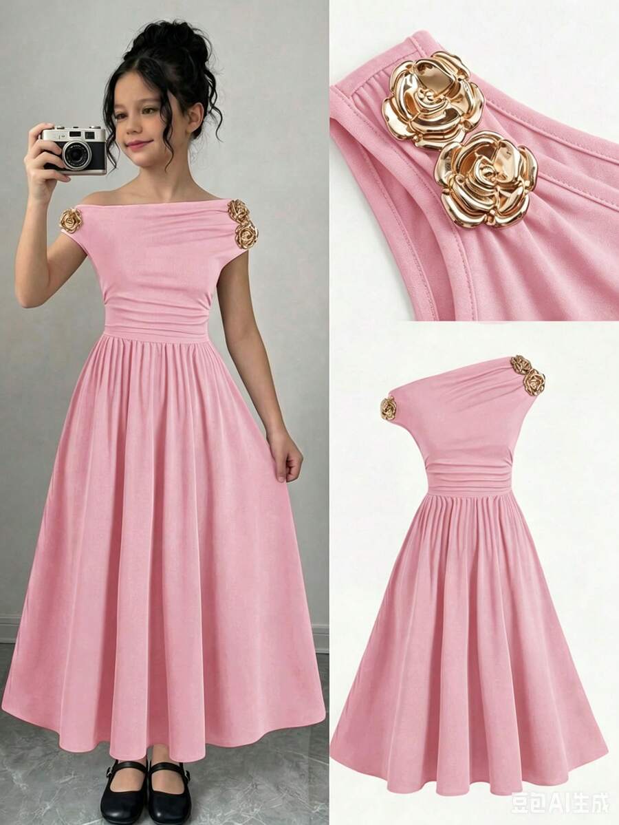 Firerie Kids Firerie Kids Tween Girl Metal Flower Decor Pleated Fashion Party Dress - Pink - View 1