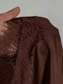 SHEIN EZwear 女款優雅度假風蕾絲拼接不對稱下擺洋裝 - 棕色 - 查看 7