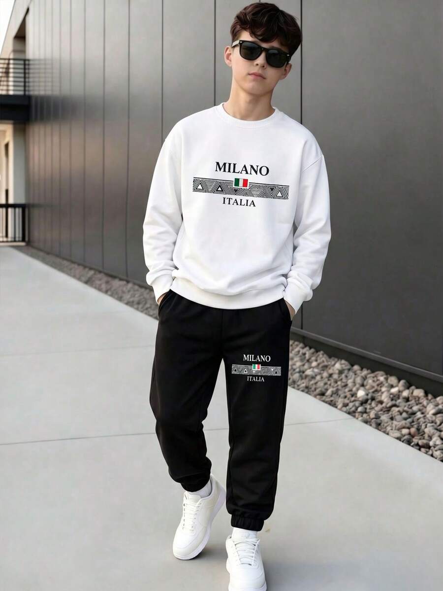 SHEIN 2件組青少年男孩時尚白色運動衫與深綠色長褲套裝,胸前綠色圖案印花,酷炫街頭風,柔軟舒適面料,易穿搭,適合春秋季、學校、外出,男孩必備兩件套 - 黑與白 - 查看 1