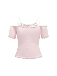 ROMWE Kawaii Women's Himekaji 2 In 1 Contrast Lace Cute Style Heart Bear & Lace Bow T-Shirt, School - Multicolor - View 2