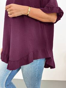 Shapeblank Blusa de talla grande casual de verano con unicolor y ribete de volantes - Rojo violeta - Ver 8