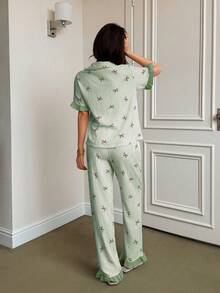Napfluff Women's Blue Striped Bow Print Patchwork Contrast Color Ruffle Collar Short Sleeve Long Pants Pajama Set - Green - View 2