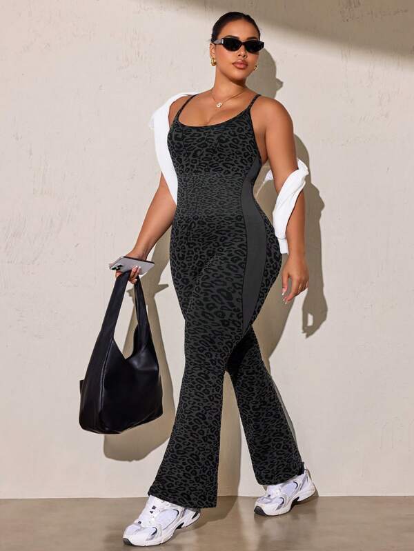 SHEIN Rhythm Era Women's Plus Size Leopard Print Daily Fitness Camisole Sports Jumpsuit