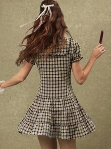 WESTFADE Tie Neck Button Front Short Puff Sleeve Tiered Ruffle Drop Waist Plaid Gingham Mini Dress, Western, Female Country Look, Cowgirl, Rodeo, Fall, Autumn - Black - View 6
