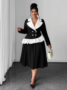 Maweii Plus Size Elegant Commuter Colorblock Patchwork Ruffle Double-Breasted Jacket & Skirt 2 Pieces Set - Black - View 5