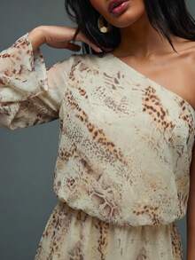 Hauture Women's Sexy Boho One Shoulder Long Sleeves Elastic Waisted Zebra Printed Chiffon Mini Dress - Multicolor - View 3
