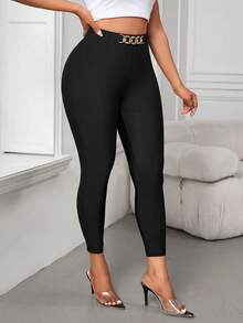SHEIN Lady Women's Fashion Metal Buckle Fitted Casual Basic Base Layer Long Pants Gym Workout Workwear Black Autumn - Black - View 4