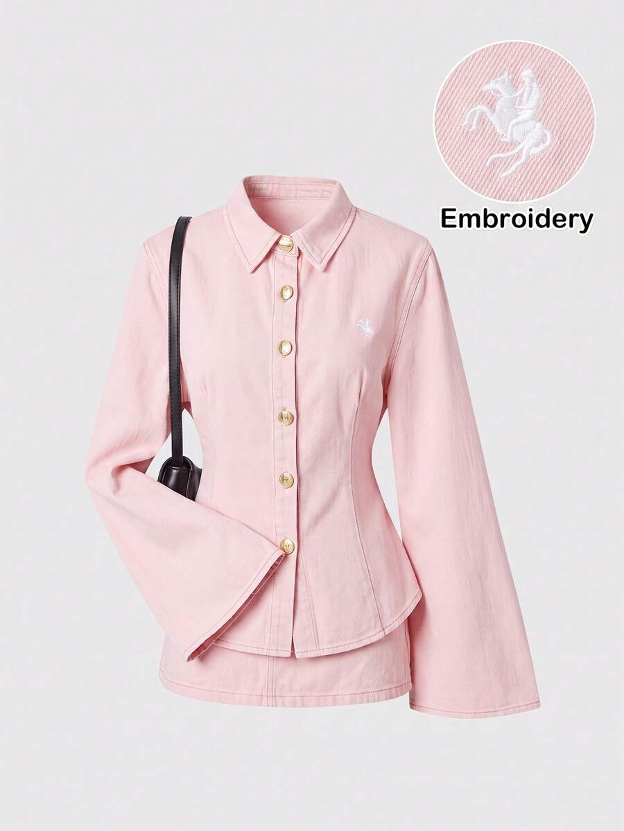 SHEIN MOD 女款刺繡喇叭袖單排扣牛仔襯衫 - 粉色 - 查看 1