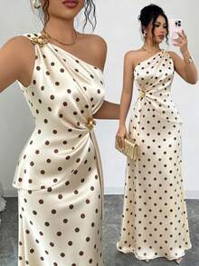 Elenzga Women's Spring/Summer New Fashion Elegant Satin Asymmetrical Shoulder Metal Flower Decor Waist-Cinching Slimming Bodycon Fishtail Long Dress - Multicolor - View 1