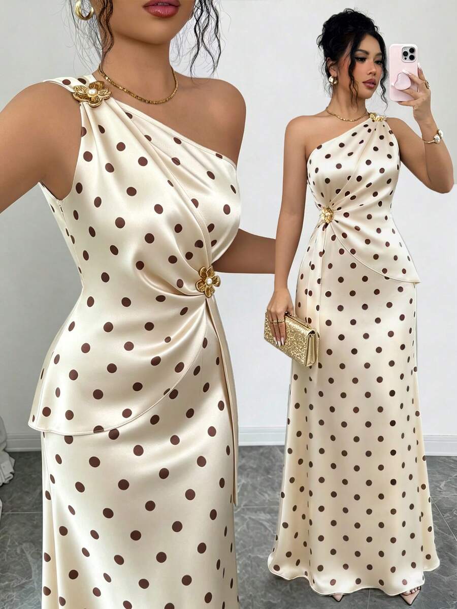 Elenzga Women's Spring/Summer New Fashion Elegant Satin Asymmetrical Shoulder Metal Flower Decor Waist-Cinching Slimming Bodycon Fishtail Long Dress - Multicolor - View 1