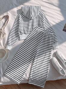 SHEIN 女童青少年時尚休閒街頭風短版連帽衛衣寬腿褲套裝，黑白條紋經典秋冬穿搭，適合六年級派對秋季造型 - 黑與白 - 查看 3